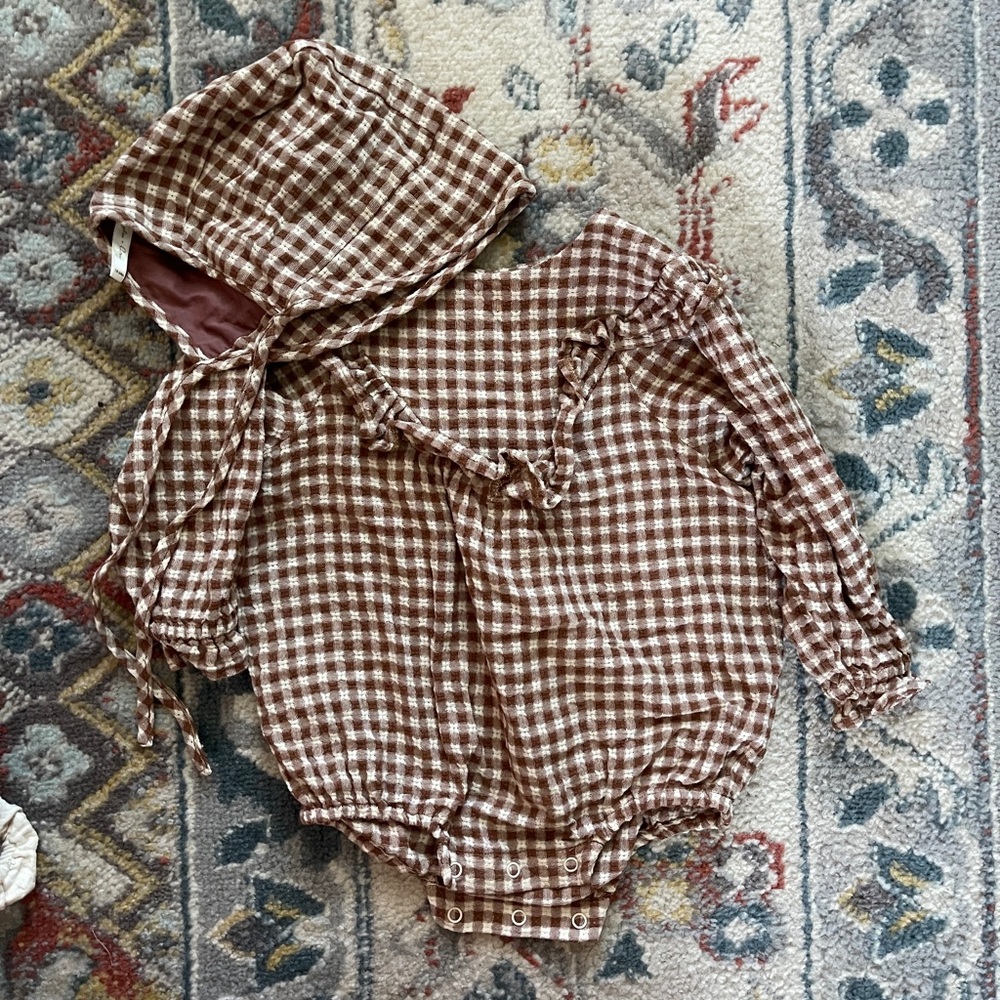Rylee + Cru Tan Gingham Kids Bodysuit with Hood